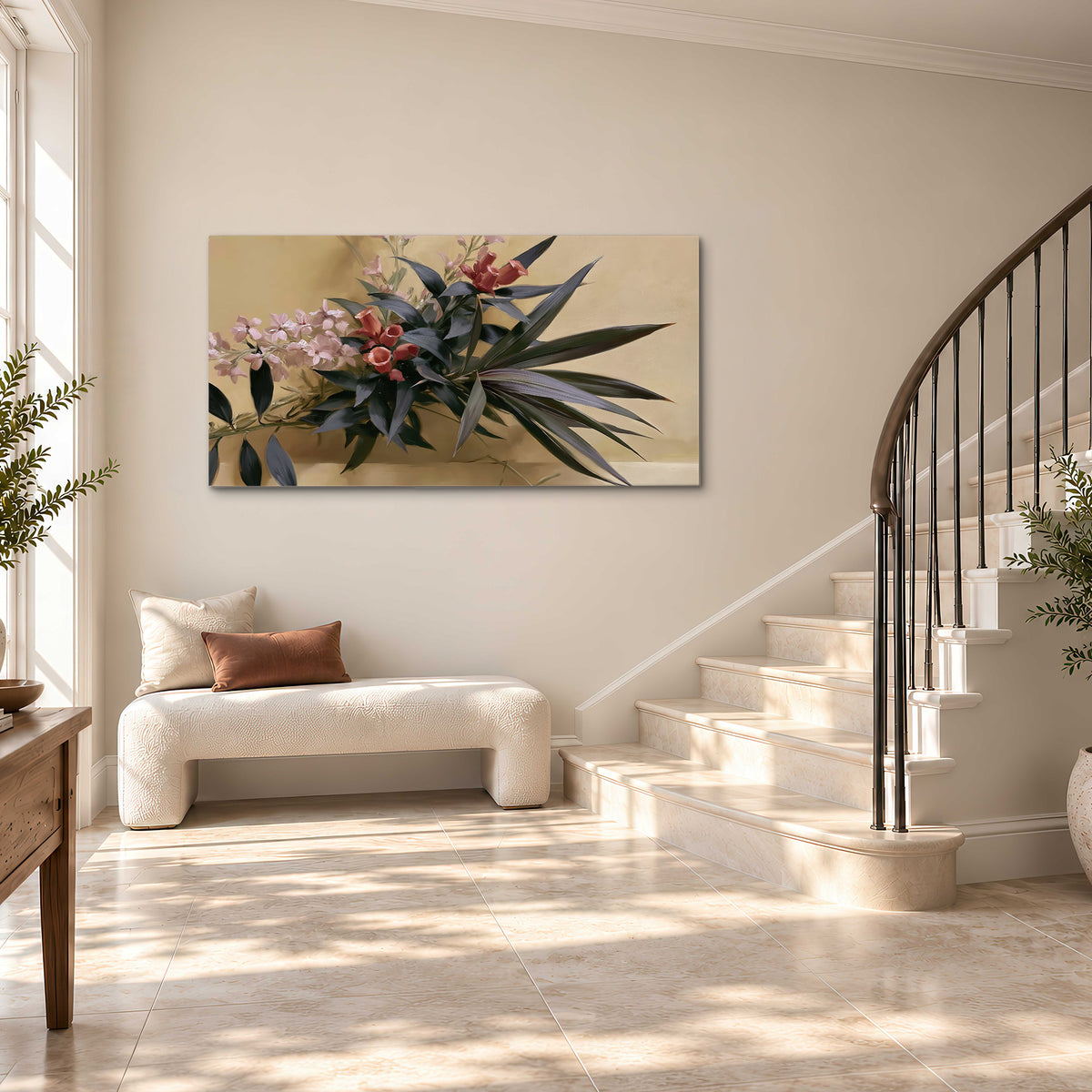 Long dark leaves and dusty pink flowers arranged against a soft beige background single canvas wall art styled in an interior