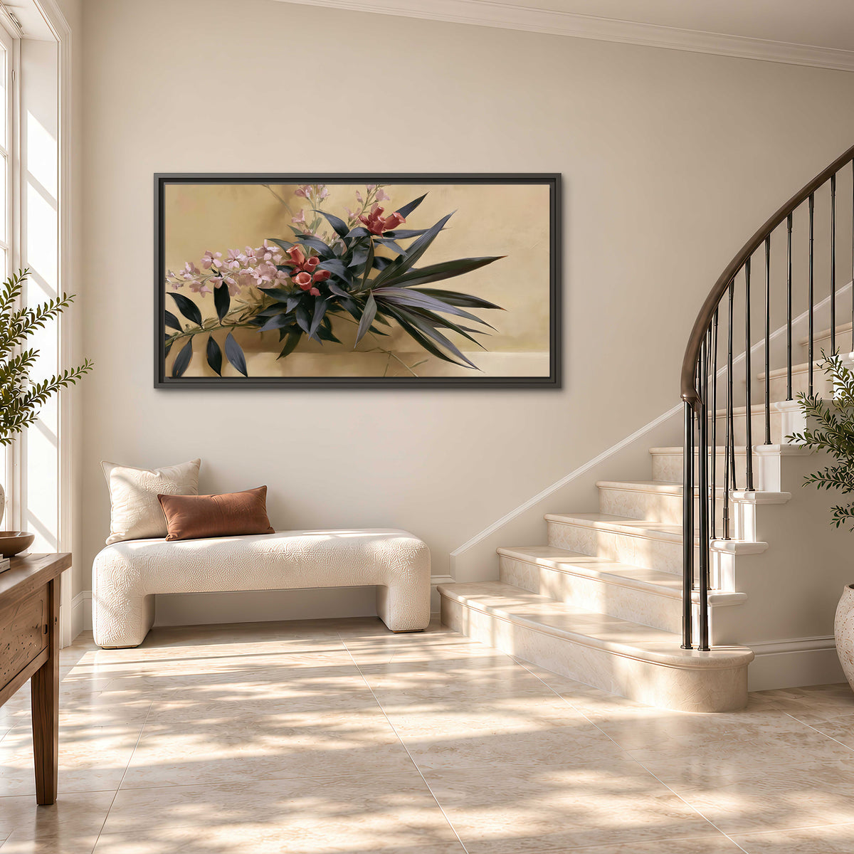 Long dark leaves and dusty pink flowers arranged against a soft beige background single framed canvas wall art styled in an interior
