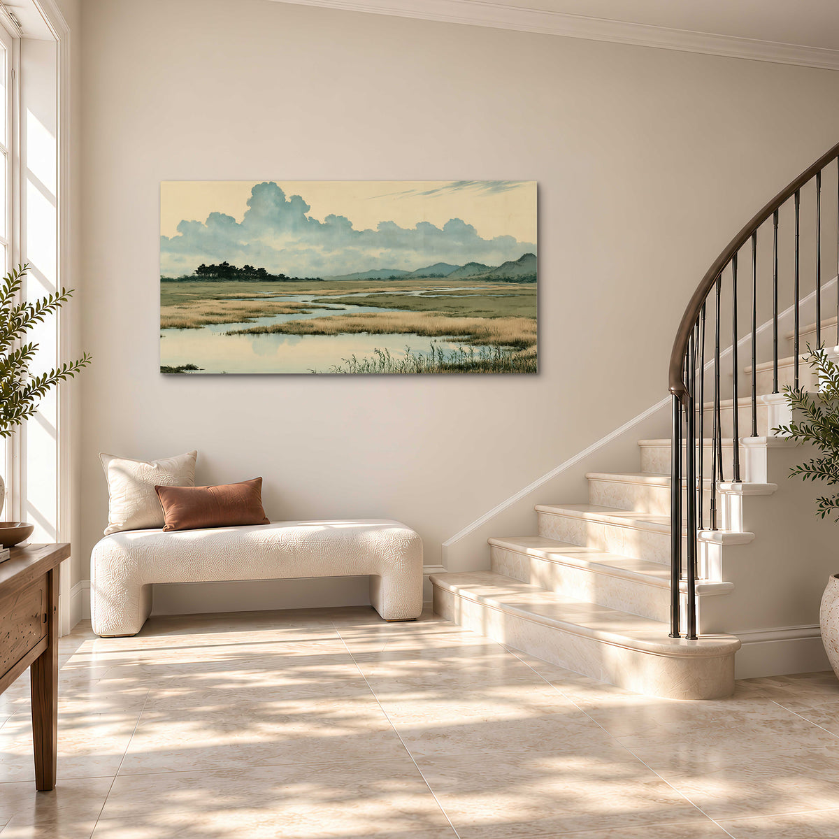 A calm marshland with reflective pools and distant blue-green hills under a clouded sky single canvas wall art styled in an interior
