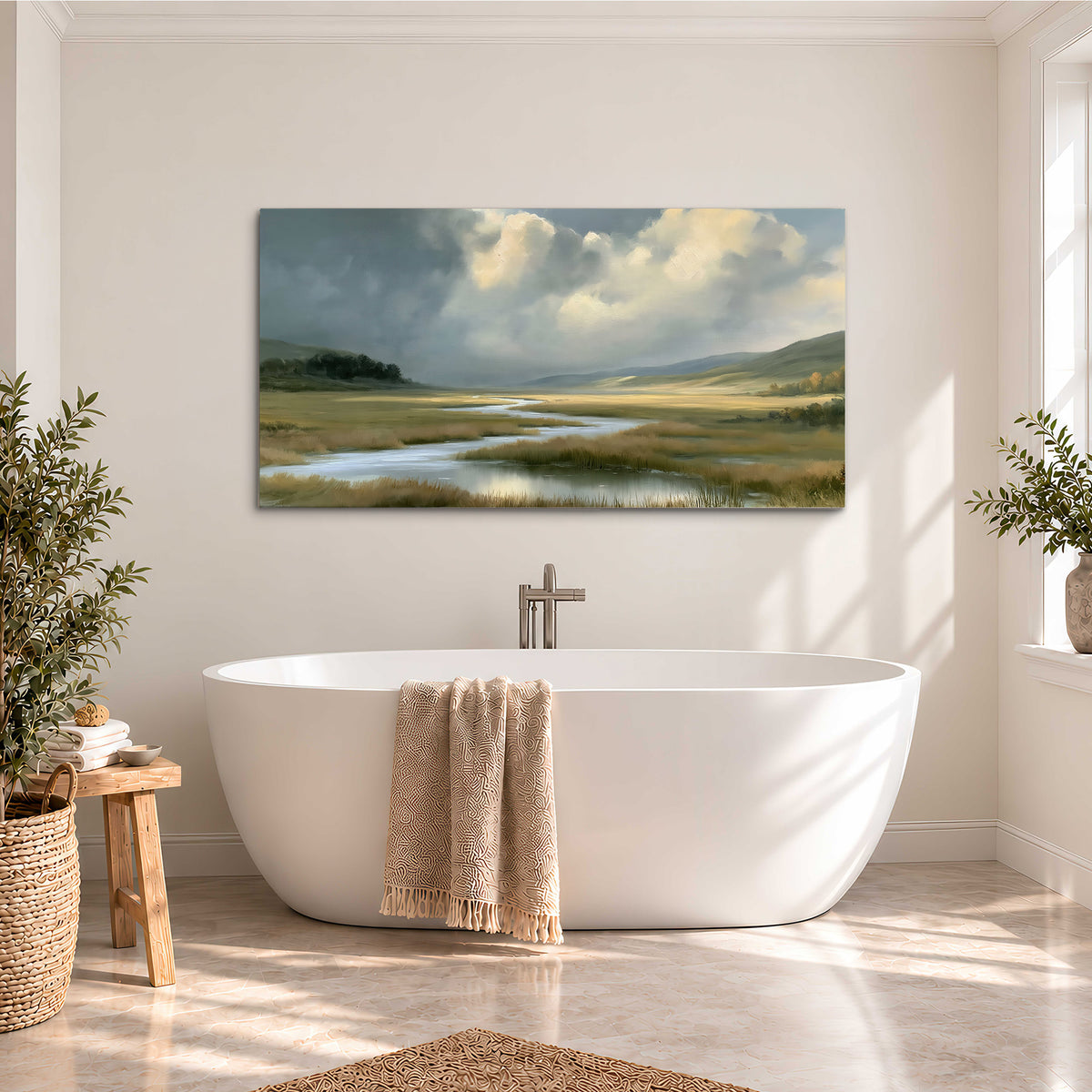 A winding stream through an open meadow beneath large sunlit clouds single canvas wall art styled in an interior