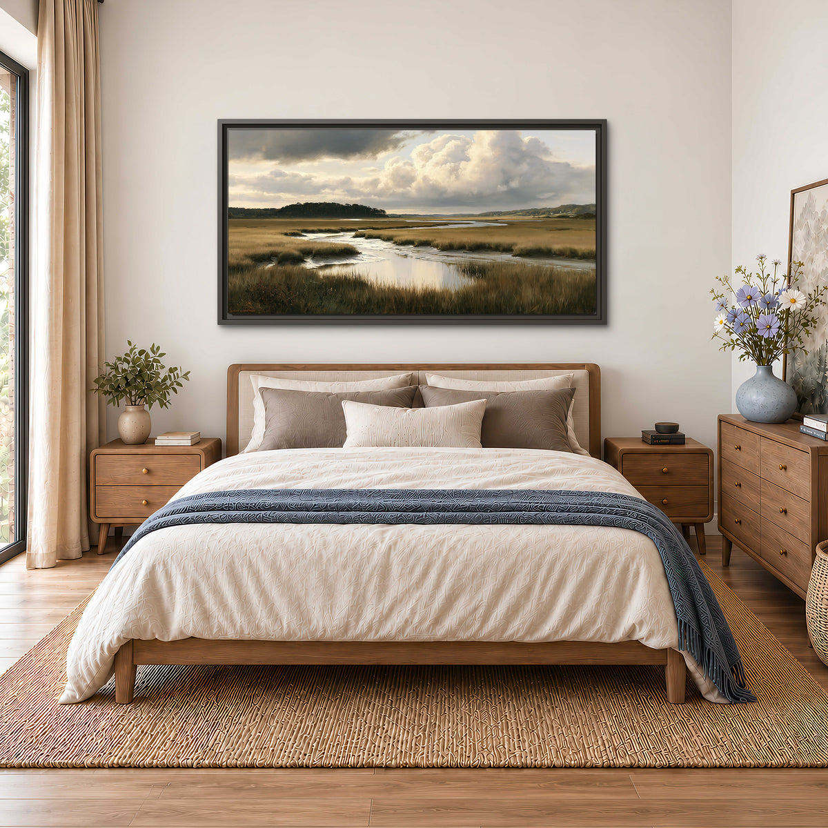Pools of still water reflecting a dramatic cloud-filled sky across a golden marsh single framed canvas wall art styled in an interior