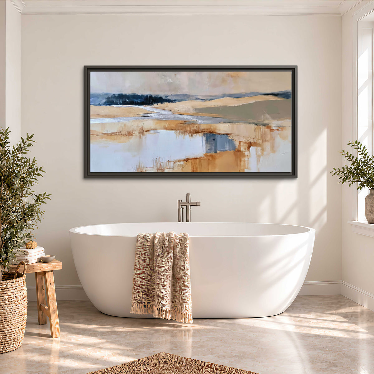 Soft horizontal bands of blue, ochre and ivory suggesting a reflected marsh landscape single framed canvas wall art styled in an interior