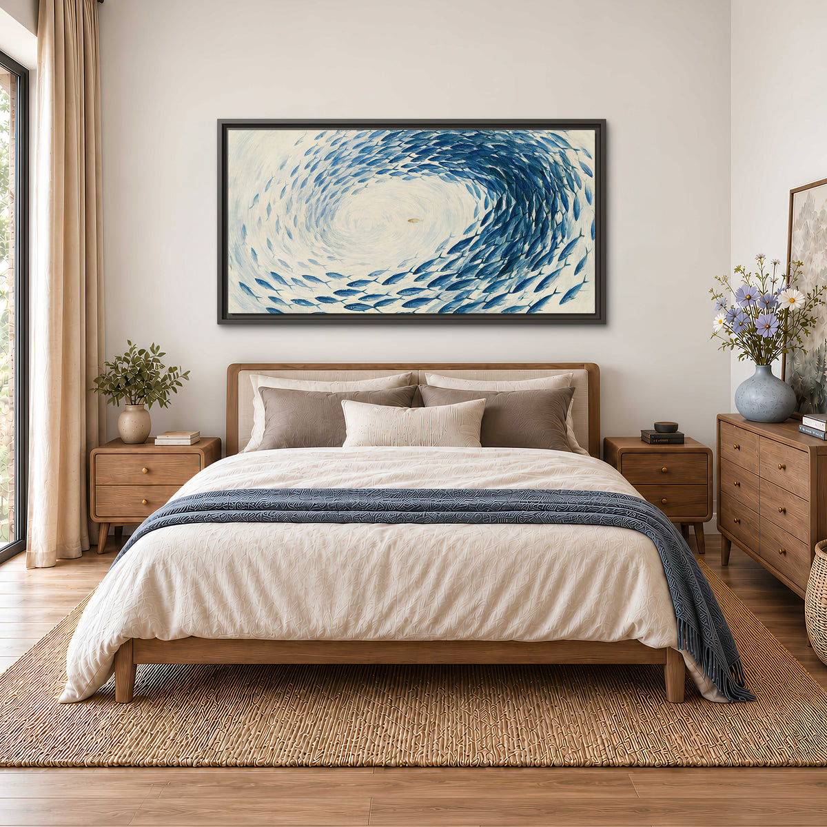 A circular school of blue fish flowing around a pale open center single framed canvas wall art styled in an interior