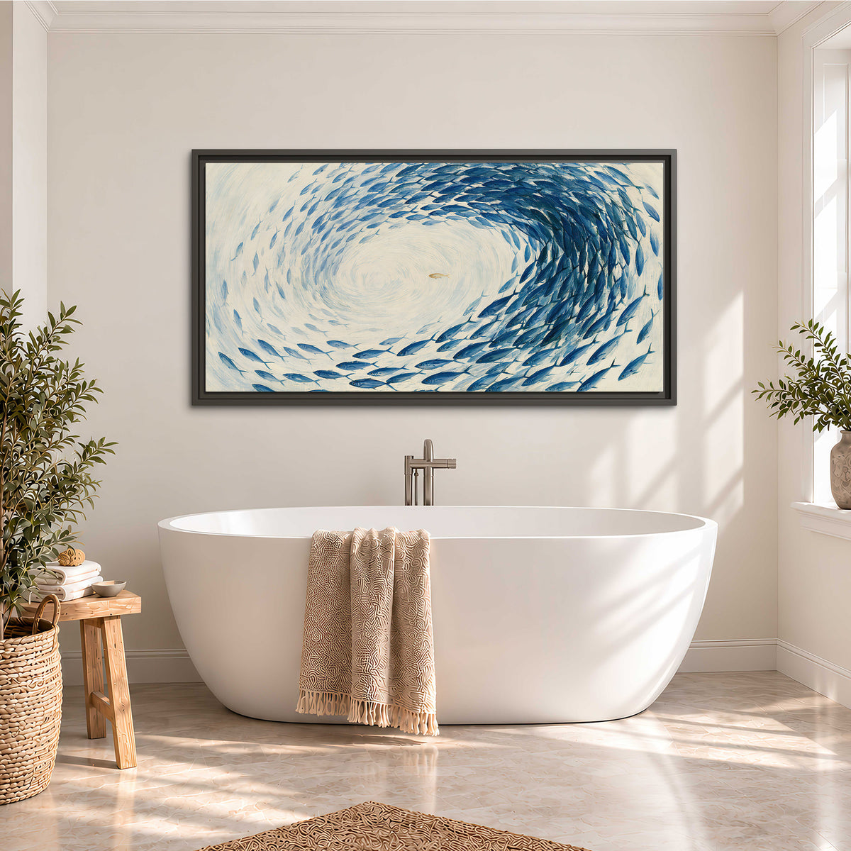 A circular school of blue fish flowing around a pale open center single framed canvas wall art styled in an interior