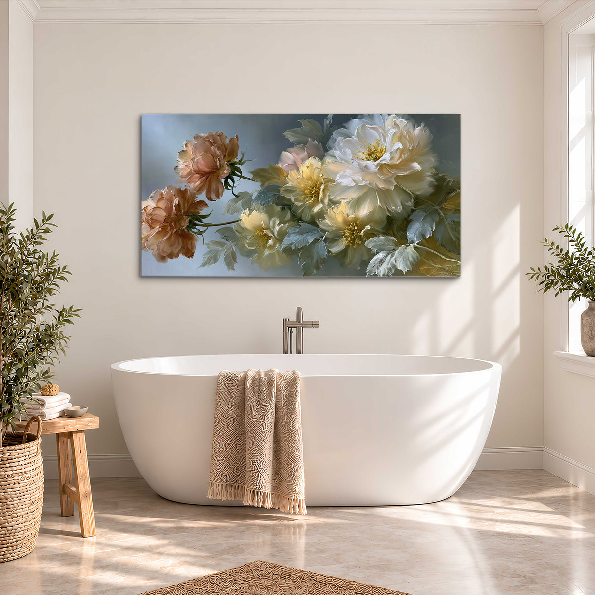Cream, blush and rust-colored garden flowers gathered against a muted blue-gray background single canvas wall art styled in an interior