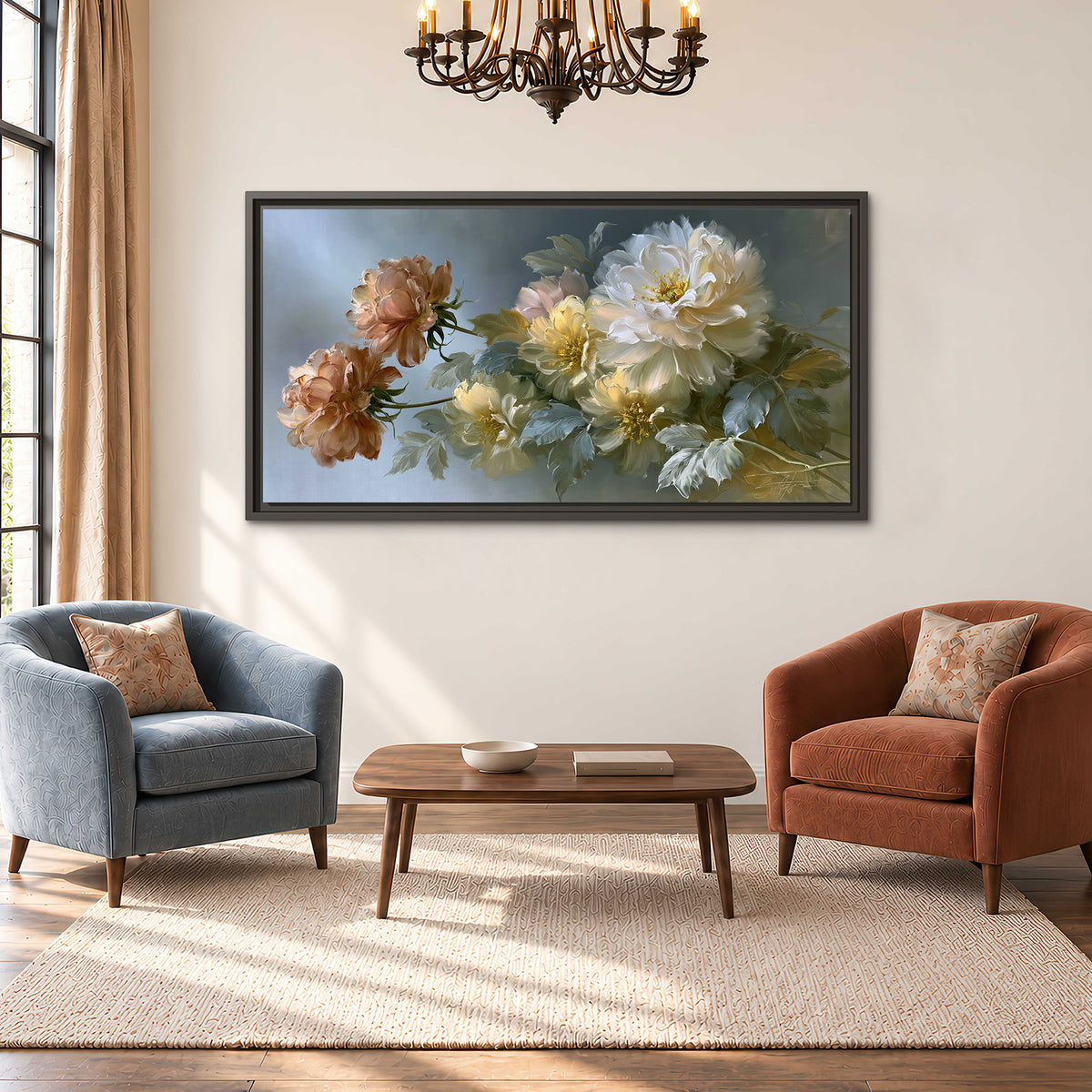 Cream, blush and rust-colored garden flowers gathered against a muted blue-gray background single framed canvas wall art styled in an interior