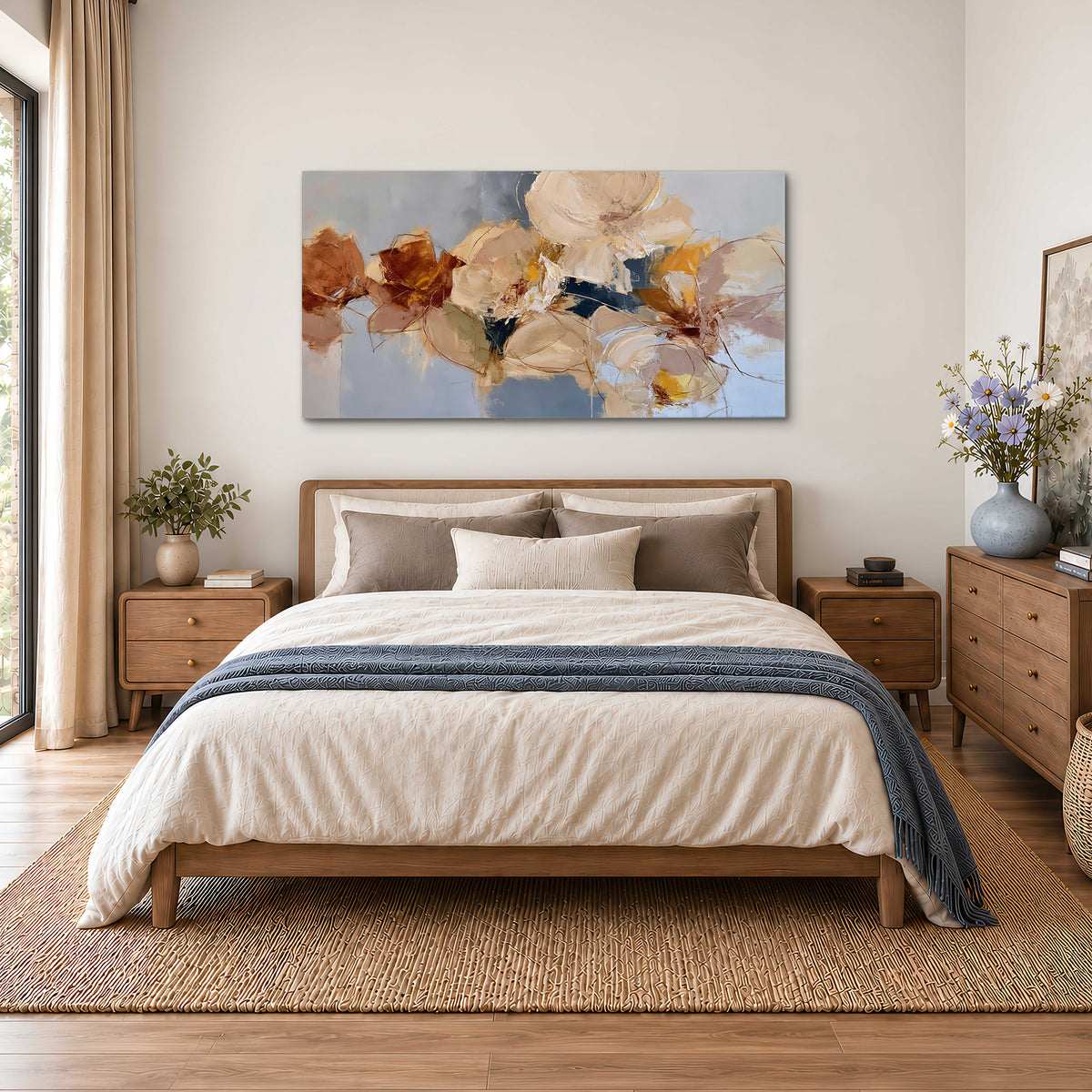 Loose ivory and ochre flower forms layered over a pale blue painterly background single canvas wall art styled in an interior