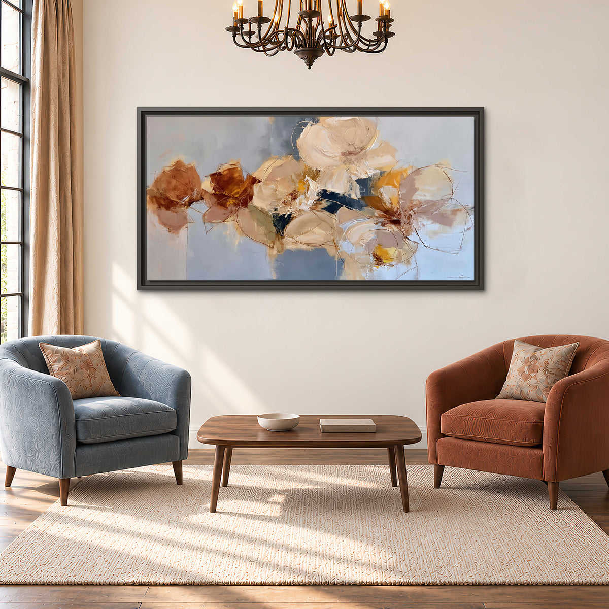Loose ivory and ochre flower forms layered over a pale blue painterly background single framed canvas wall art styled in an interior