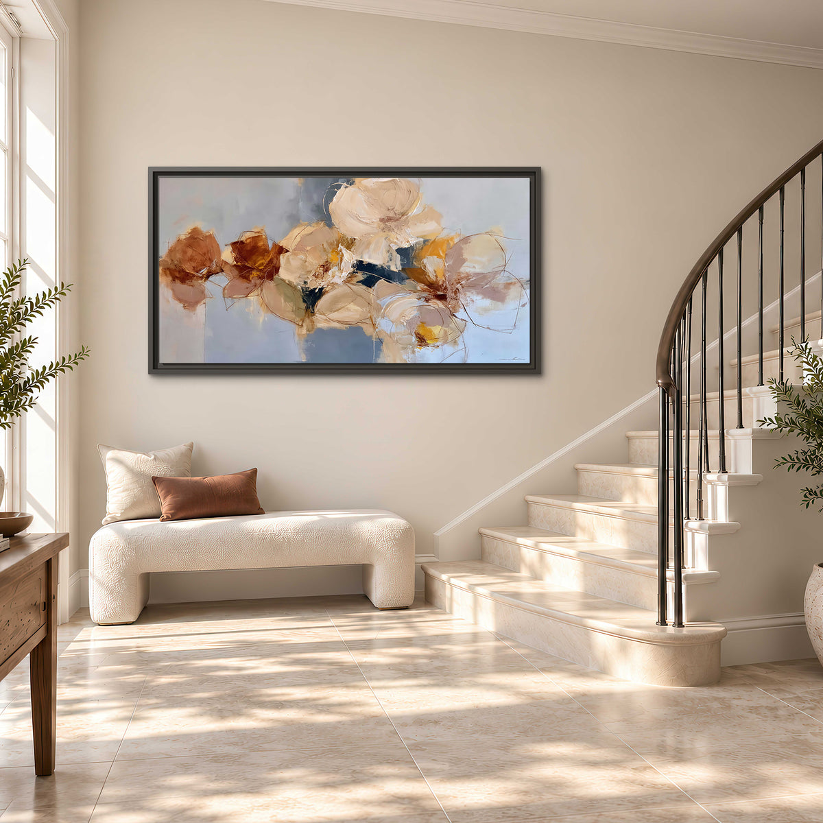 Loose ivory and ochre flower forms layered over a pale blue painterly background single framed canvas wall art styled in an interior