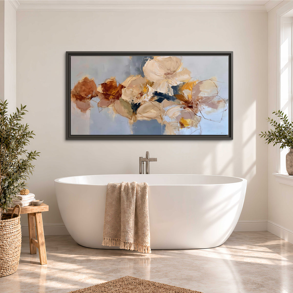 Loose ivory and ochre flower forms layered over a pale blue painterly background single framed canvas wall art styled in an interior