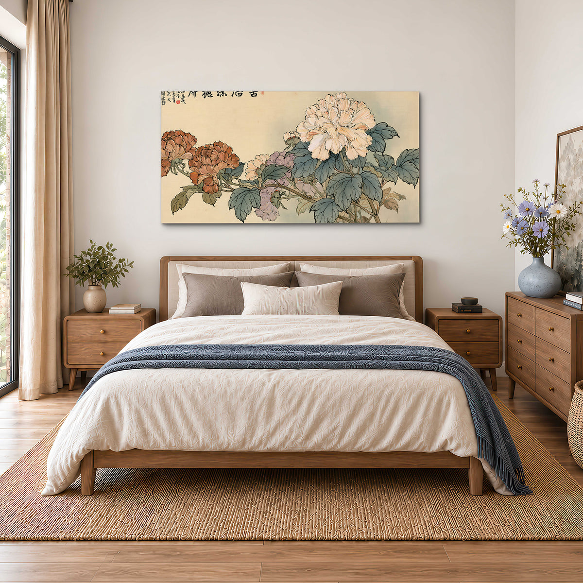 Pale pink peonies and green leaves on a warm beige background with decorative script single canvas wall art styled in an interior