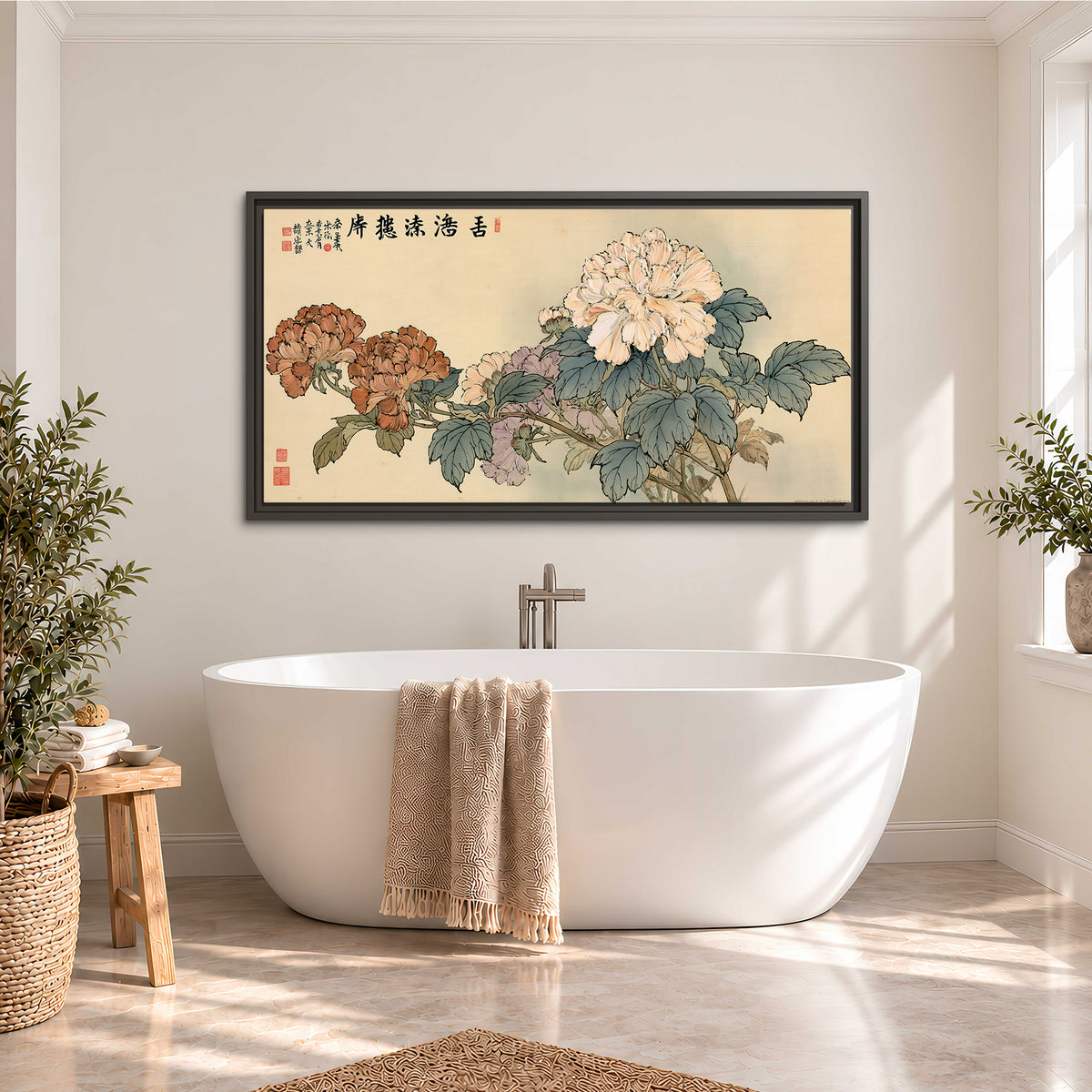 Pale pink peonies and green leaves on a warm beige background with decorative script single framed canvas wall art styled in an interior