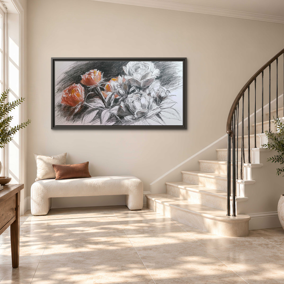 Expressive charcoal-style roses with muted rust petals against a textured-look gray background single framed canvas wall art styled in an interior
