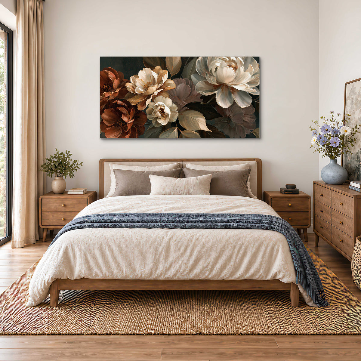 Large ivory roses and warm rust blooms against a deep shadowed background single canvas wall art styled in an interior