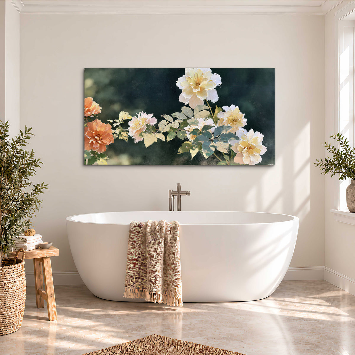 White and peach roses with green leaves against a deep blue-green background single canvas wall art styled in an interior