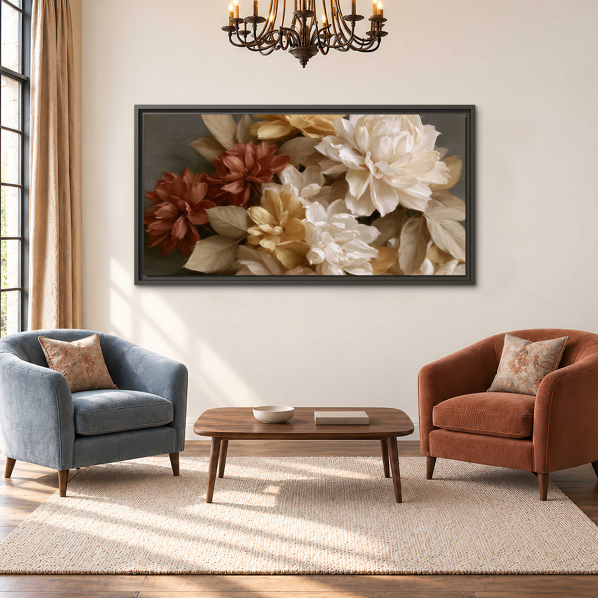 Full cream and rust-colored peonies in a softly shadowed still-life arrangement single framed canvas wall art styled in an interior