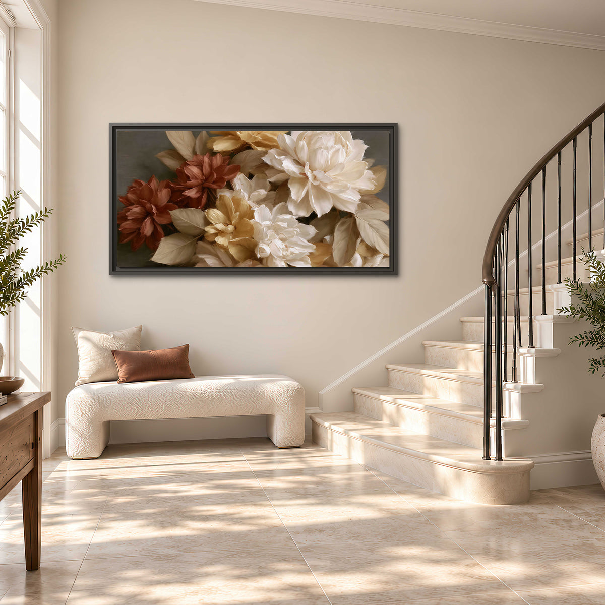 Full cream and rust-colored peonies in a softly shadowed still-life arrangement single framed canvas wall art styled in an interior
