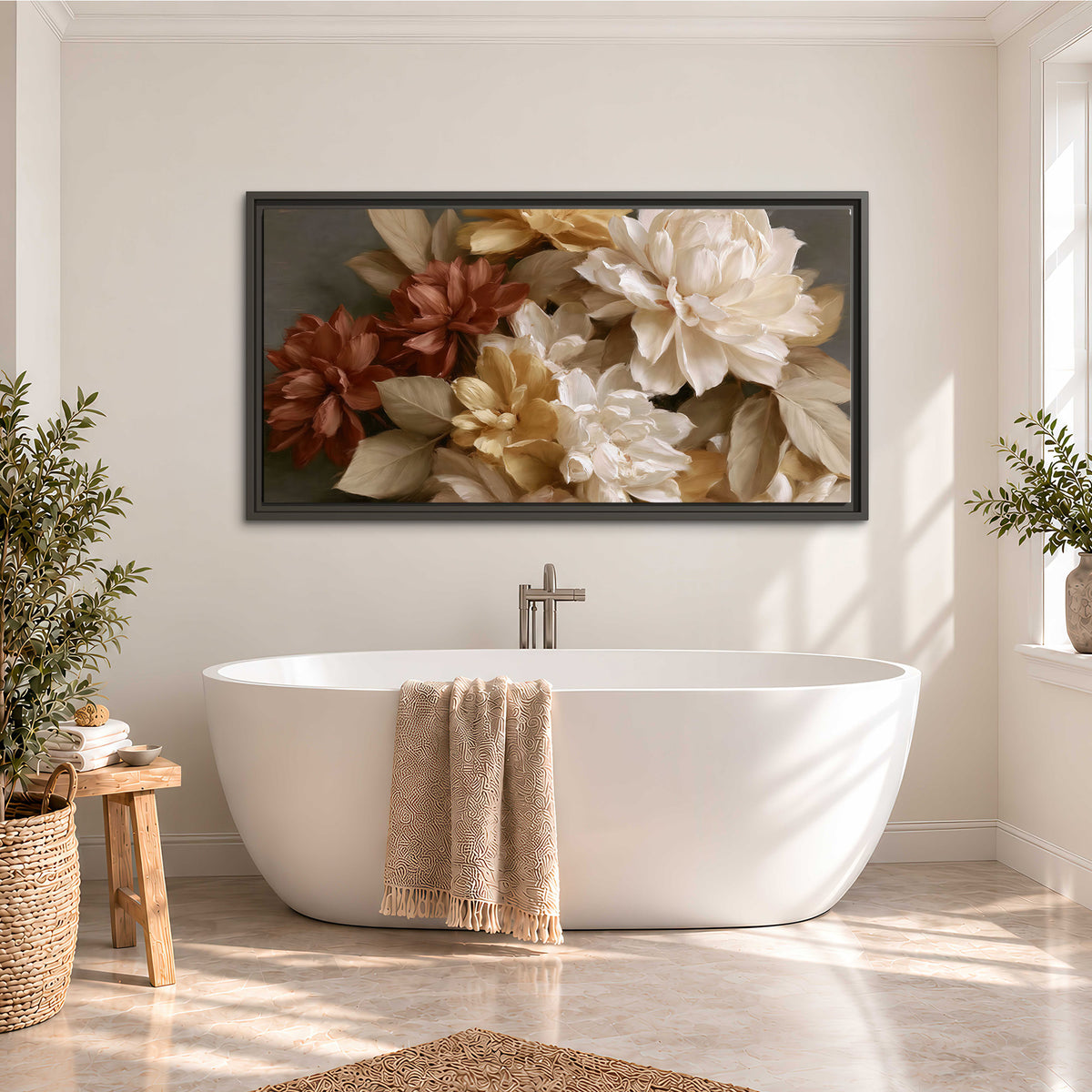 Full cream and rust-colored peonies in a softly shadowed still-life arrangement single framed canvas wall art styled in an interior
