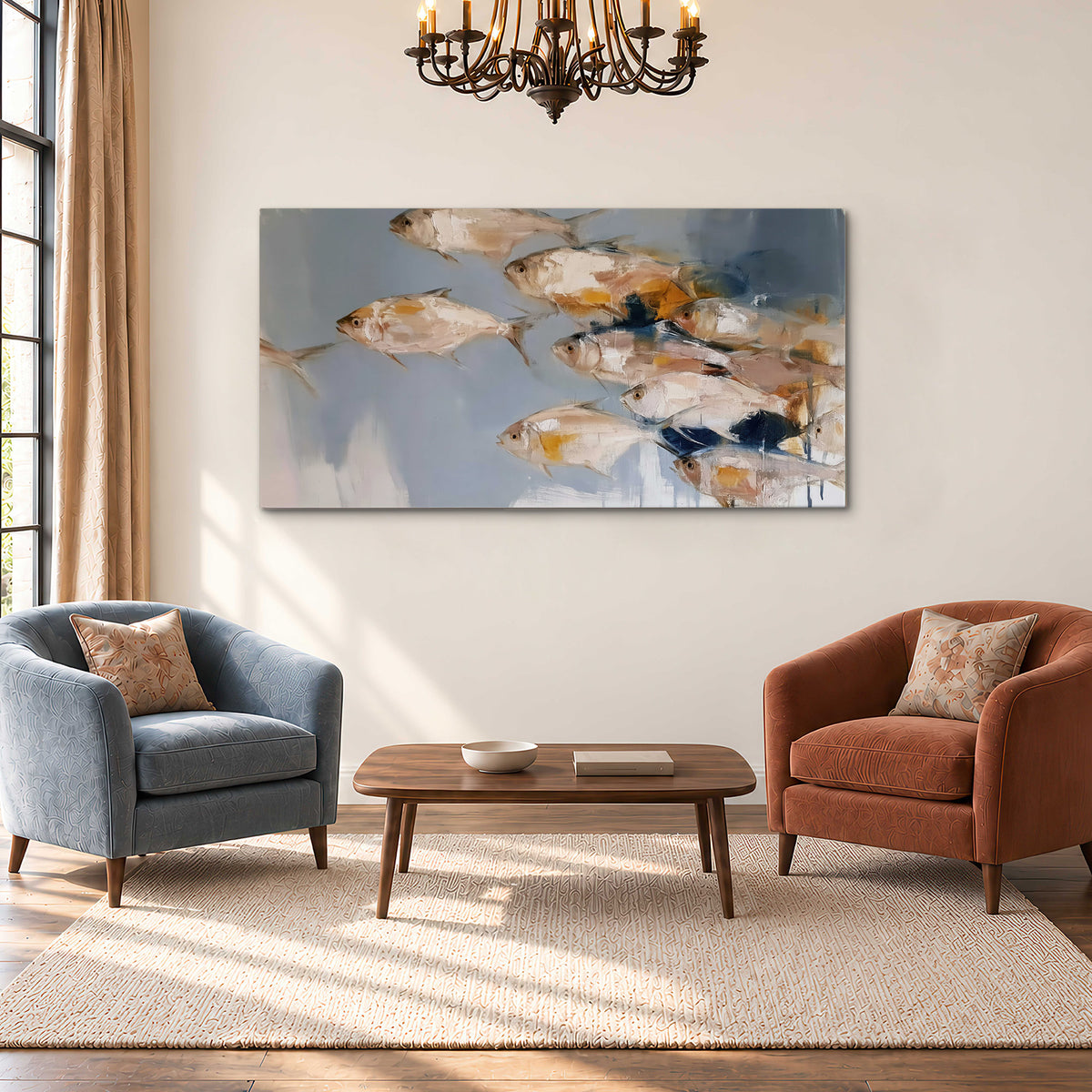 Small blue and golden fish moving across a pale layered abstract background single canvas wall art styled in an interior