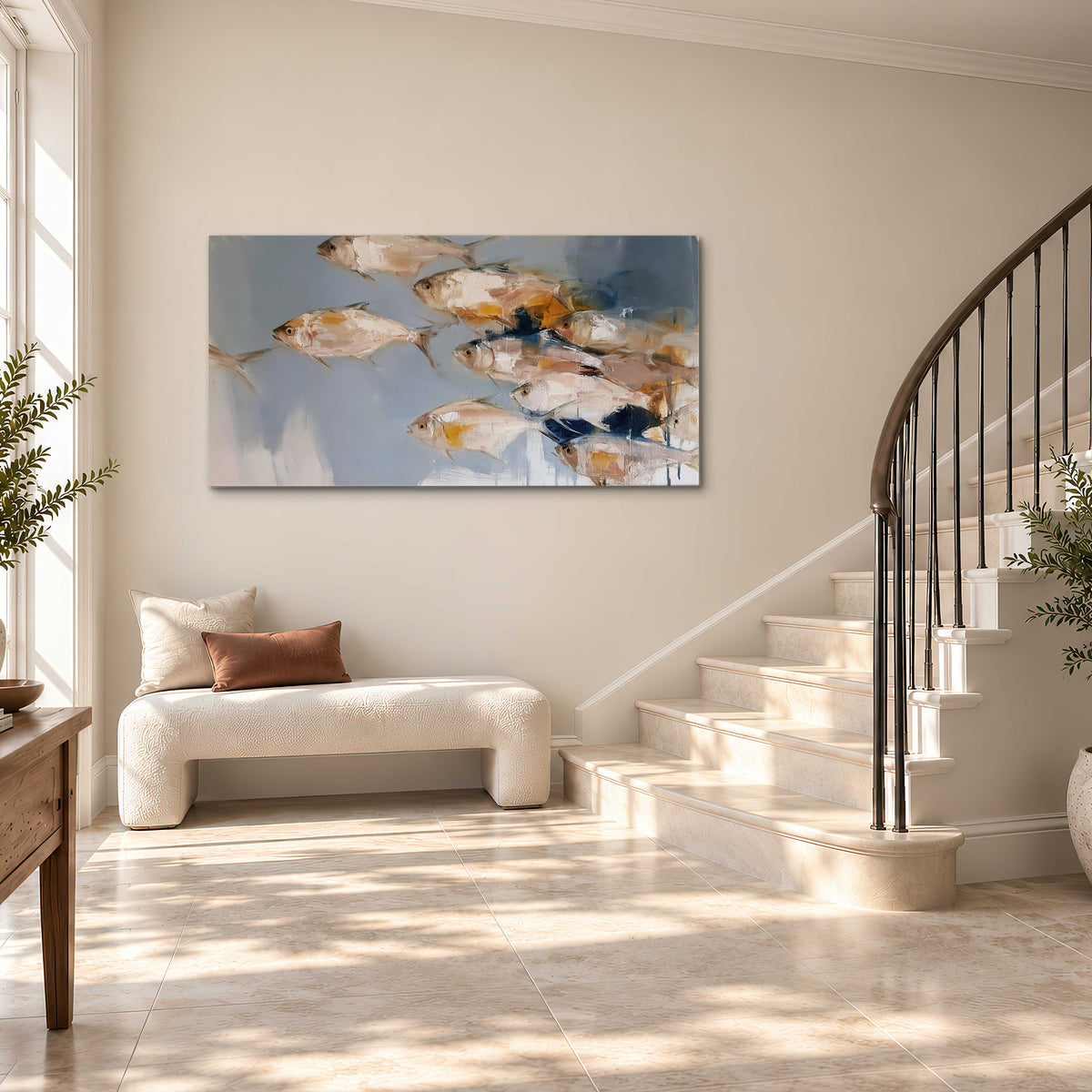 Small blue and golden fish moving across a pale layered abstract background single canvas wall art styled in an interior