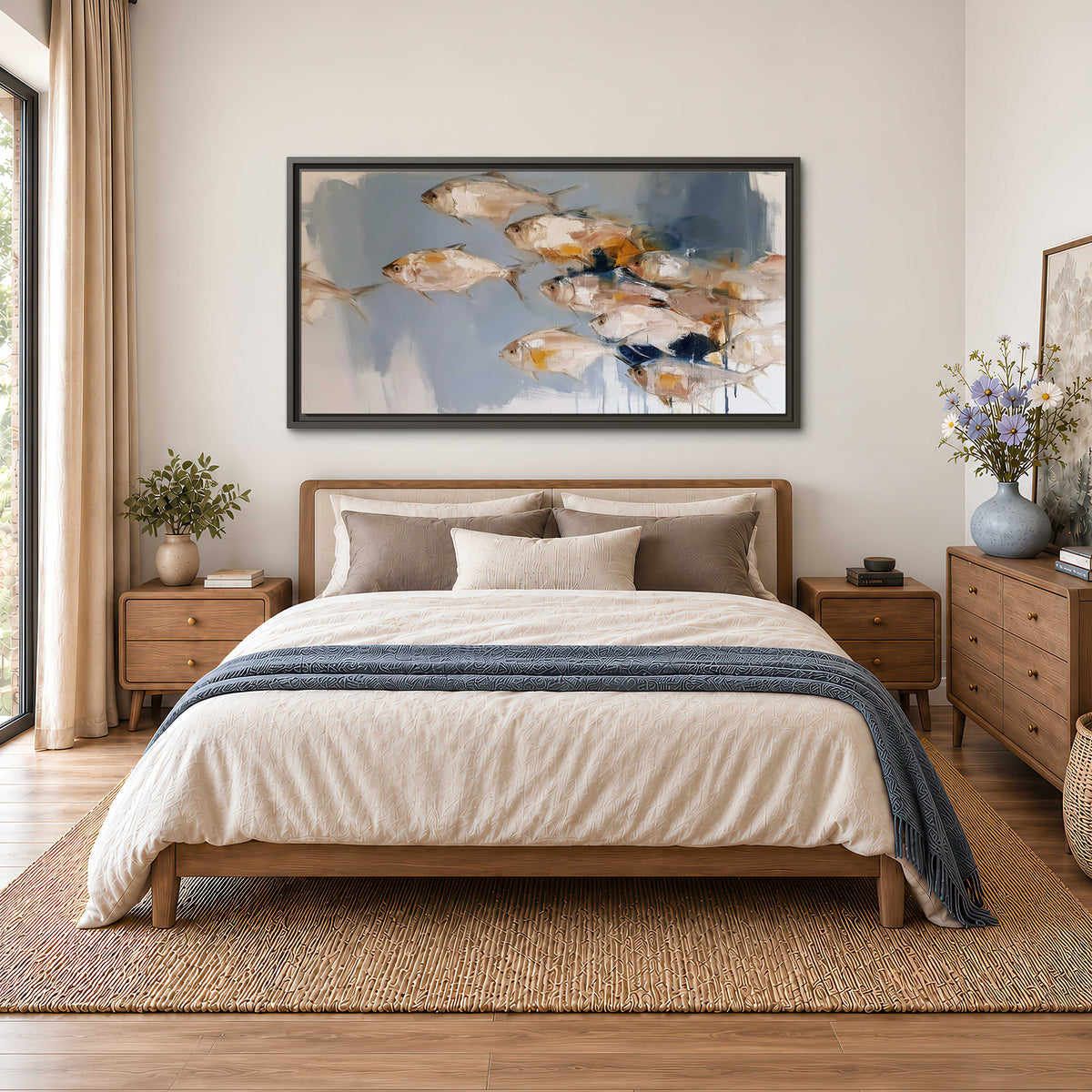 Small blue and golden fish moving across a pale layered abstract background single framed canvas wall art styled in an interior