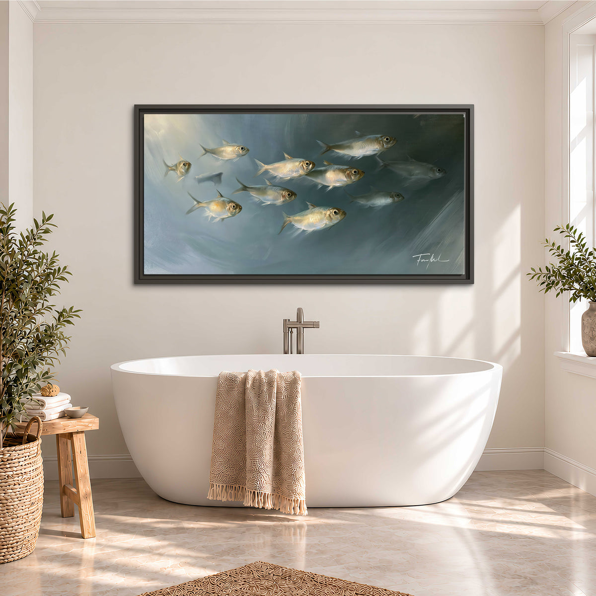 A small school of pale golden fish swimming across dark blue-green water single framed canvas wall art styled in an interior