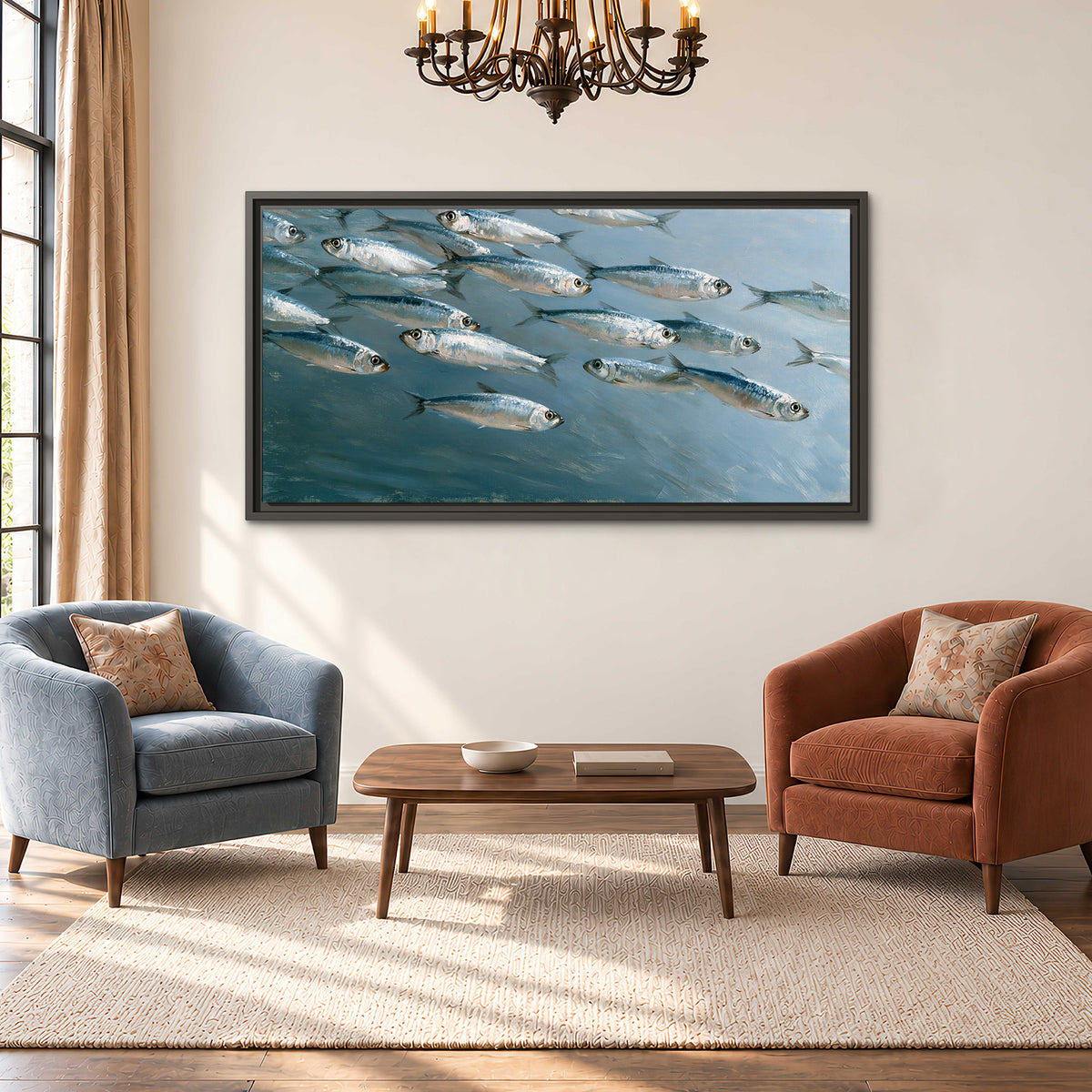 A school of silver fish moving together through cool blue water single framed canvas wall art styled in an interior