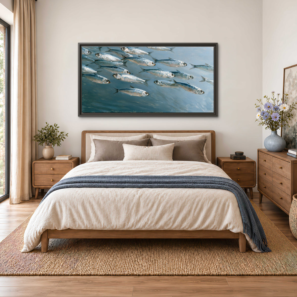 A school of silver fish moving together through cool blue water single framed canvas wall art styled in an interior