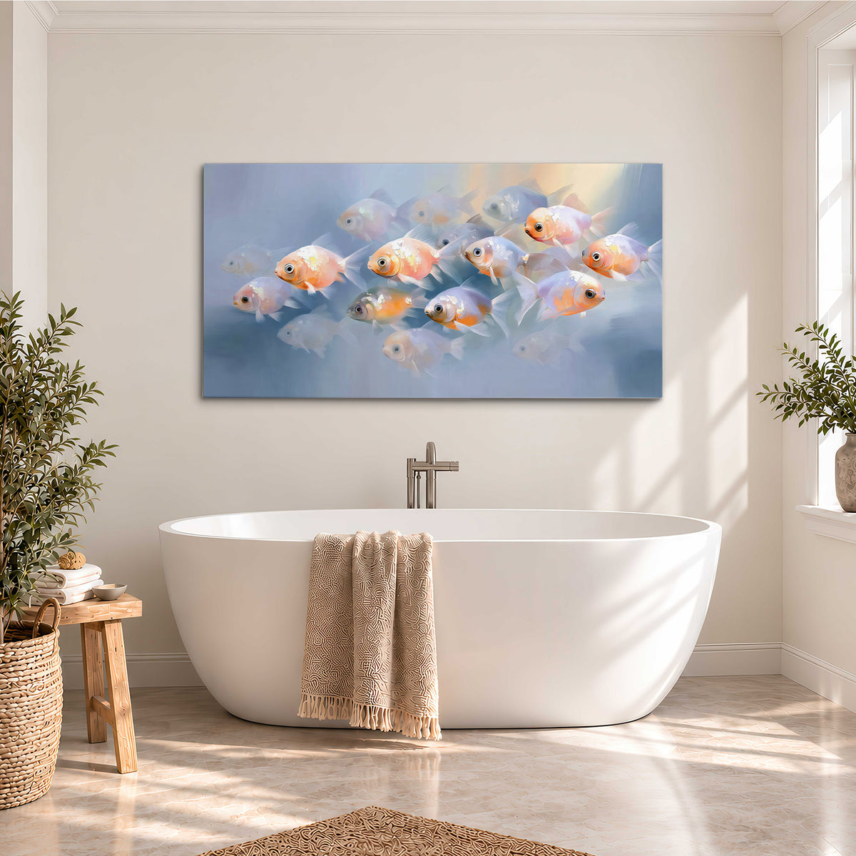 Rounded peach and gold fish floating in a softly lit blue underwater scene single canvas wall art styled in an interior