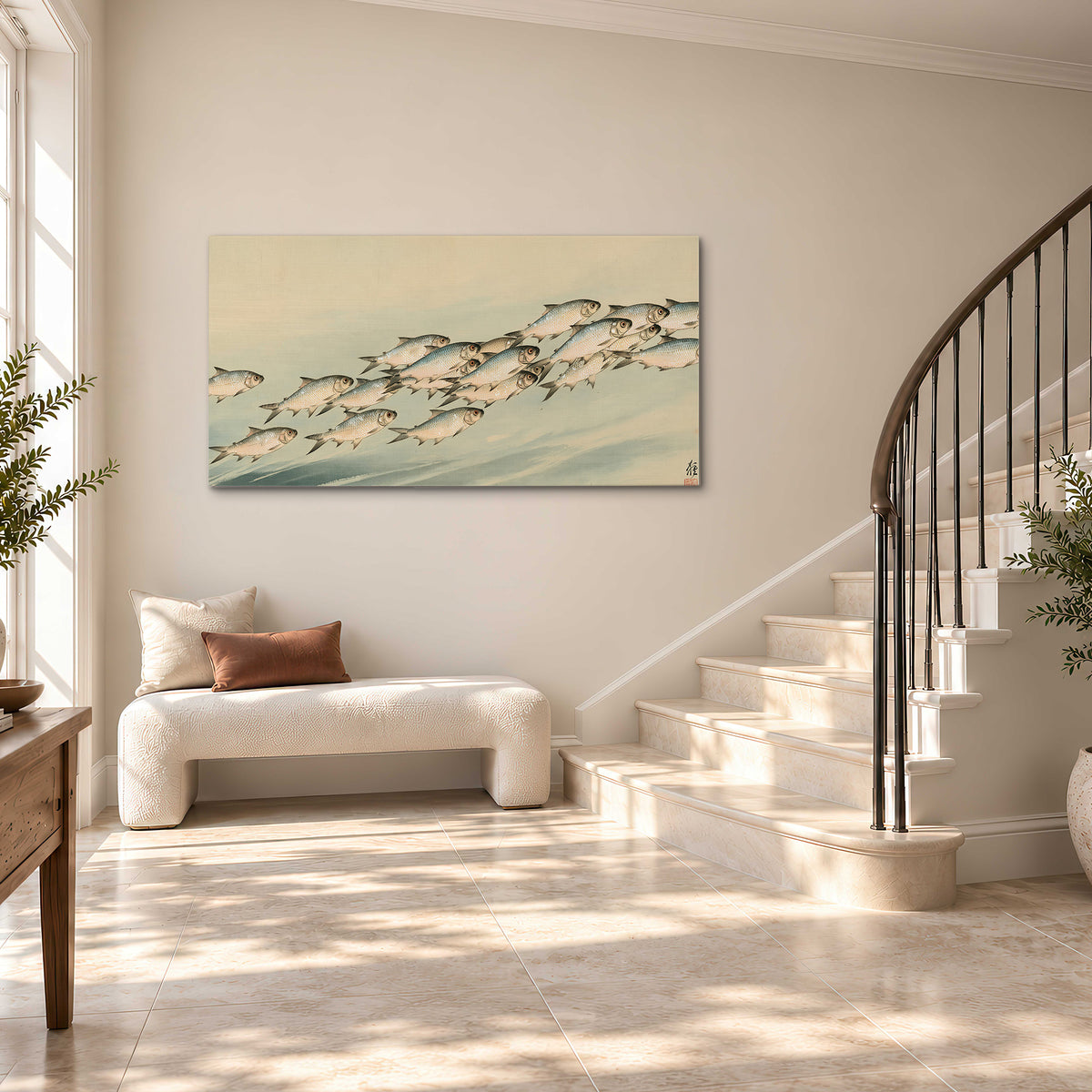A flowing school of small fish above pale blue water on a cream ground single canvas wall art styled in an interior