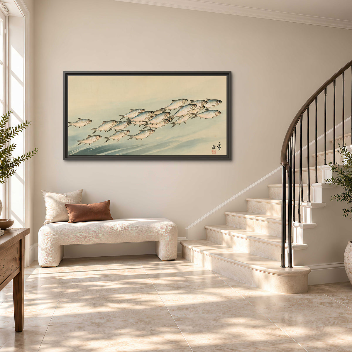 A flowing school of small fish above pale blue water on a cream ground single framed canvas wall art styled in an interior
