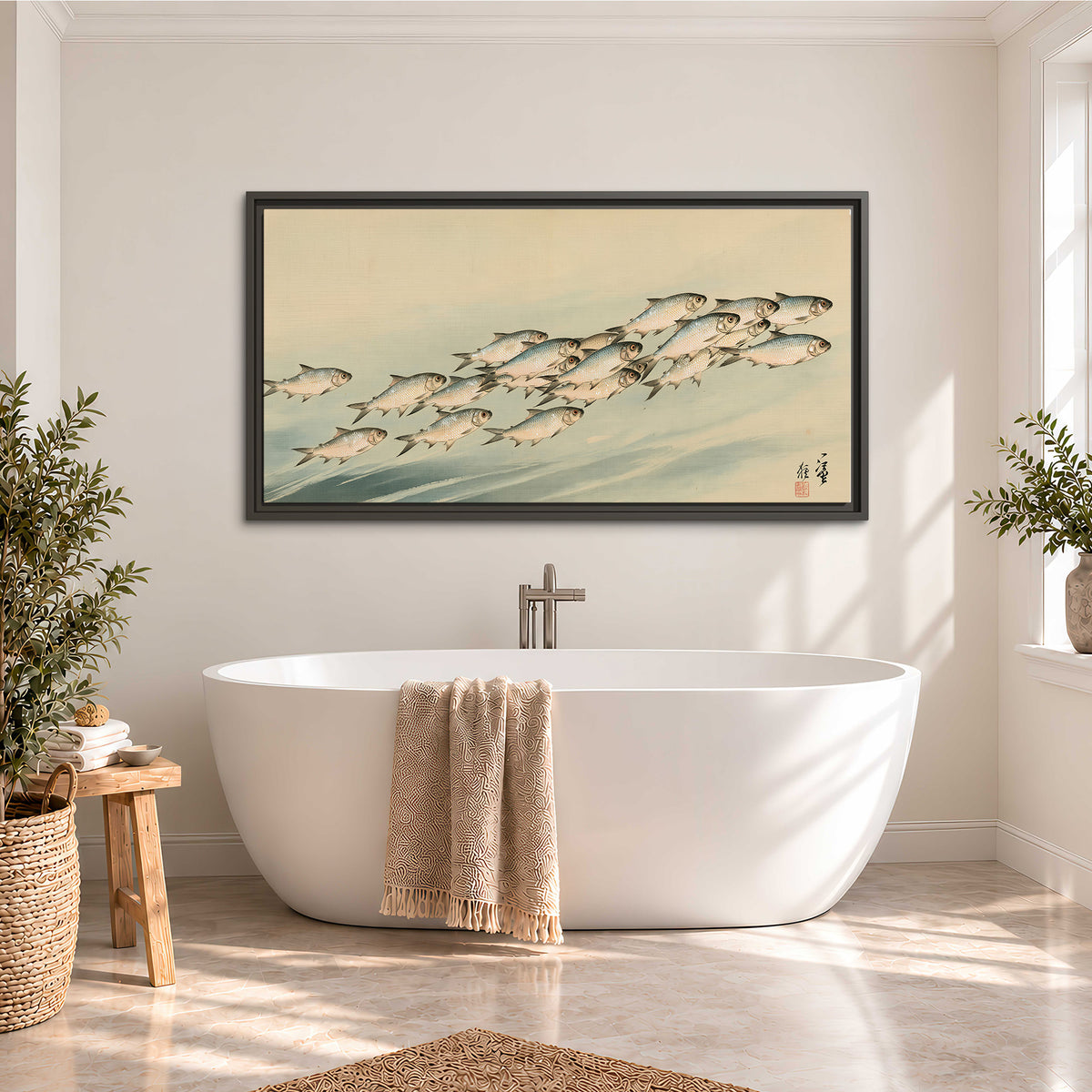 A flowing school of small fish above pale blue water on a cream ground single framed canvas wall art styled in an interior