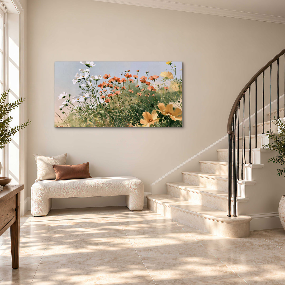 White and orange meadow flowers with fine green stems under a pale sky single canvas wall art styled in an interior