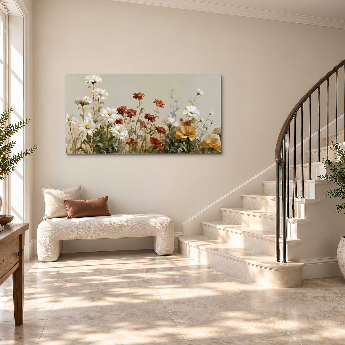 White wildflowers and warm red blossoms rising against a soft beige background single canvas wall art styled in an interior