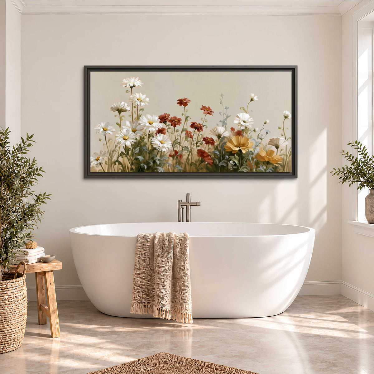White wildflowers and warm red blossoms rising against a soft beige background single framed canvas wall art styled in an interior