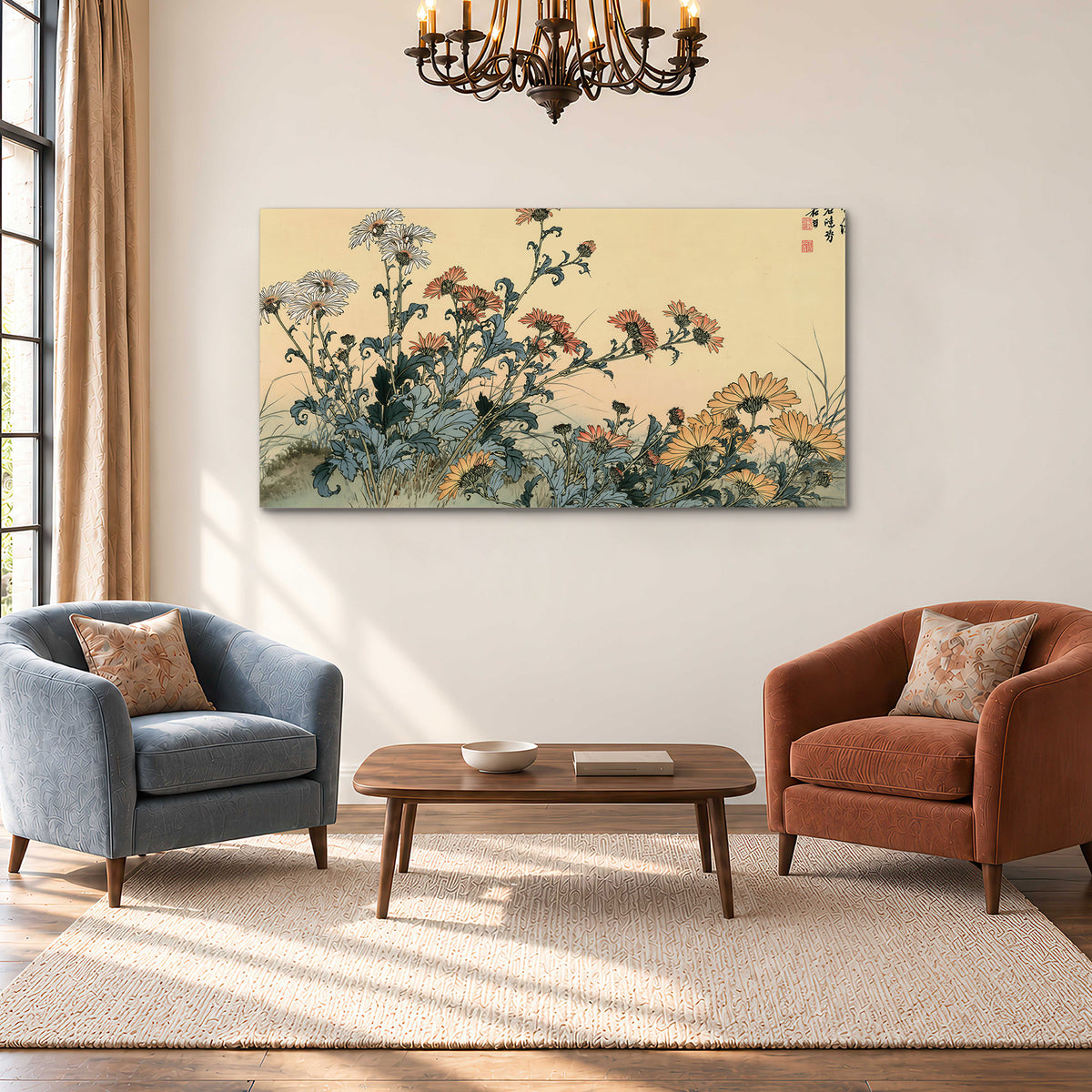 Flowering plants and a butterfly arranged on a warm cream ground with decorative script single canvas wall art styled in an interior