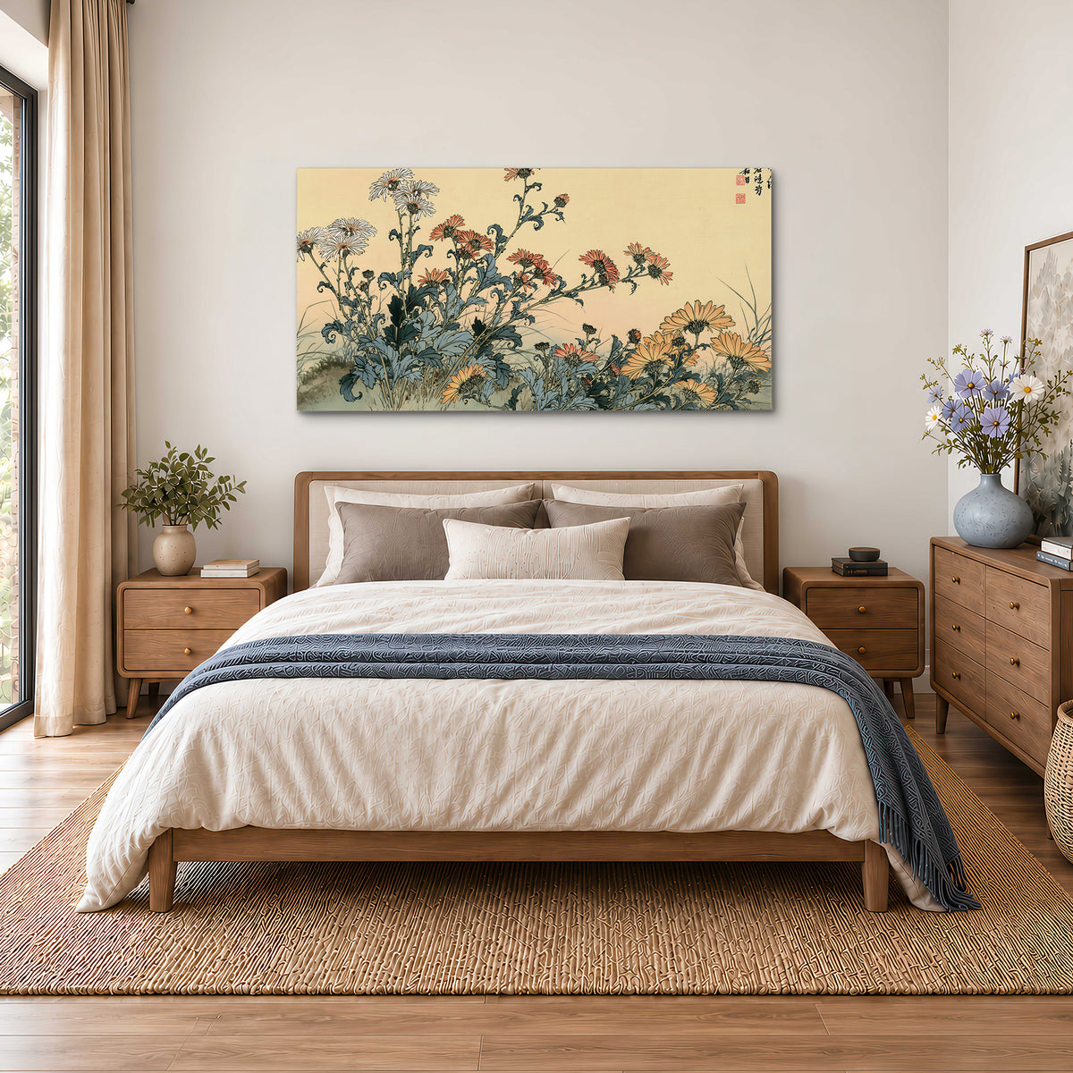 Flowering plants and a butterfly arranged on a warm cream ground with decorative script single canvas wall art styled in an interior