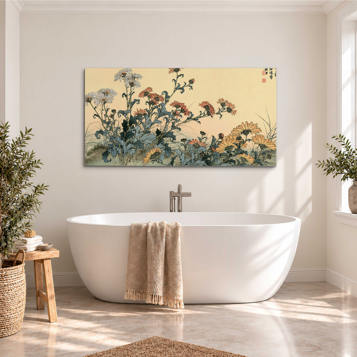 Flowering plants and a butterfly arranged on a warm cream ground with decorative script single canvas wall art styled in an interior