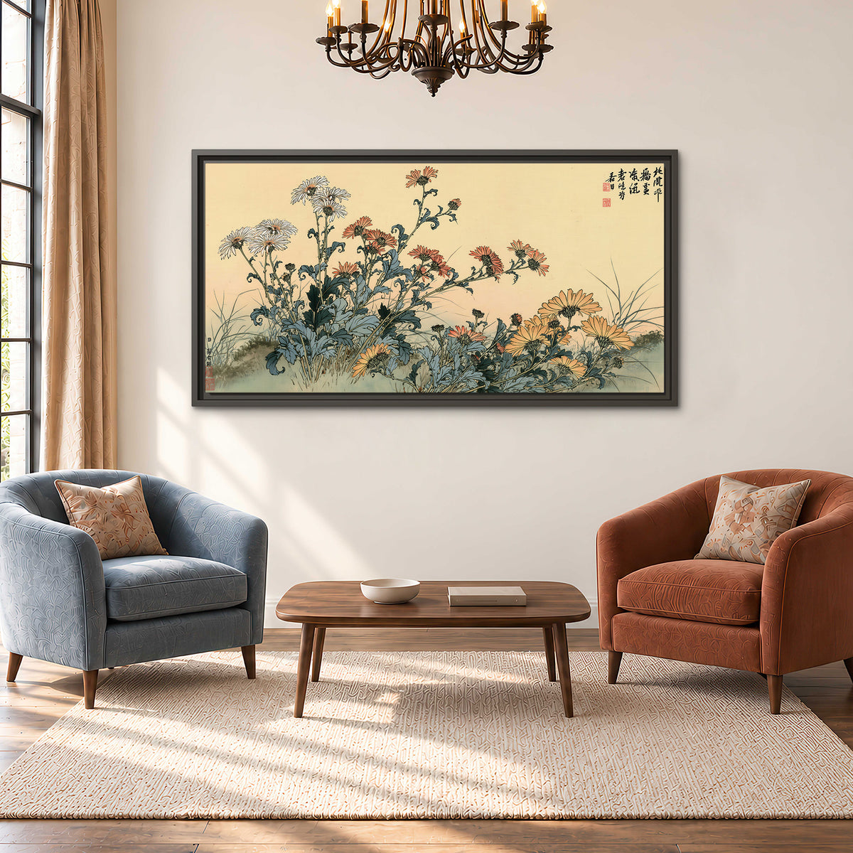 Flowering plants and a butterfly arranged on a warm cream ground with decorative script single framed canvas wall art styled in an interior