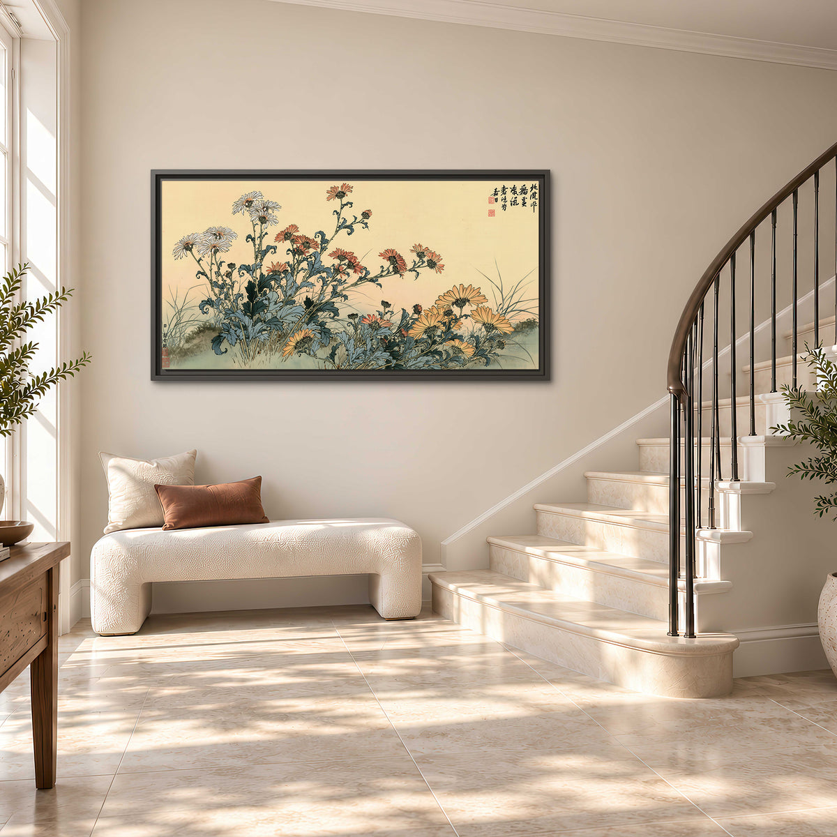 Flowering plants and a butterfly arranged on a warm cream ground with decorative script single framed canvas wall art styled in an interior