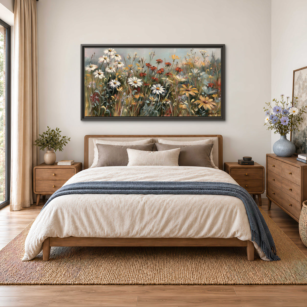 White daisies, rust blooms and long grasses in a softly shadowed meadow single framed canvas wall art styled in an interior