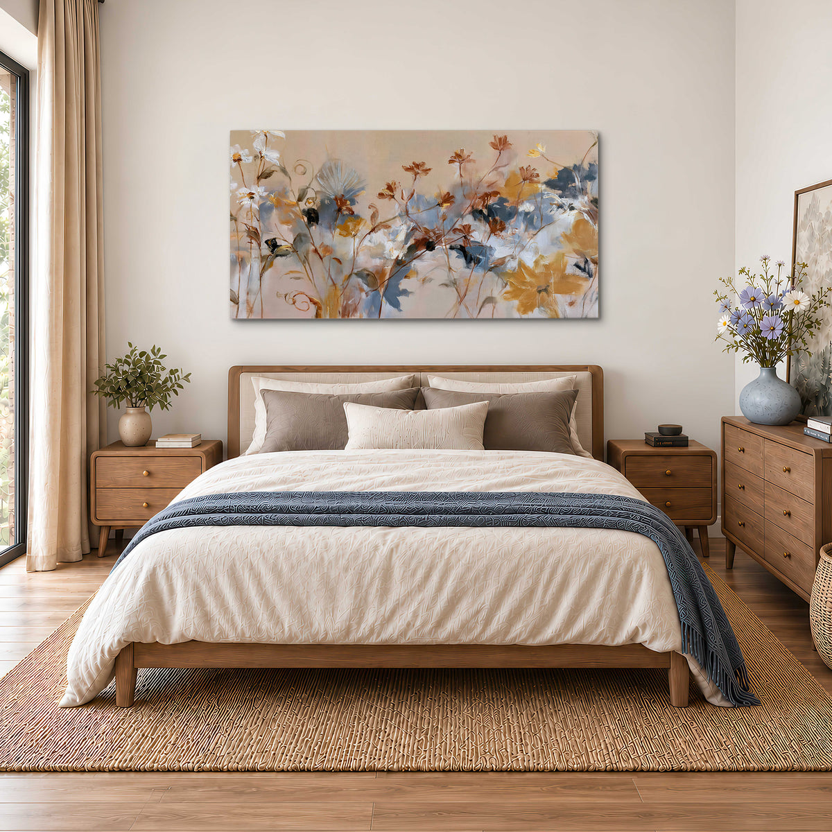 Loose blue and ochre blossoms layered across a warm neutral background single canvas wall art styled in an interior