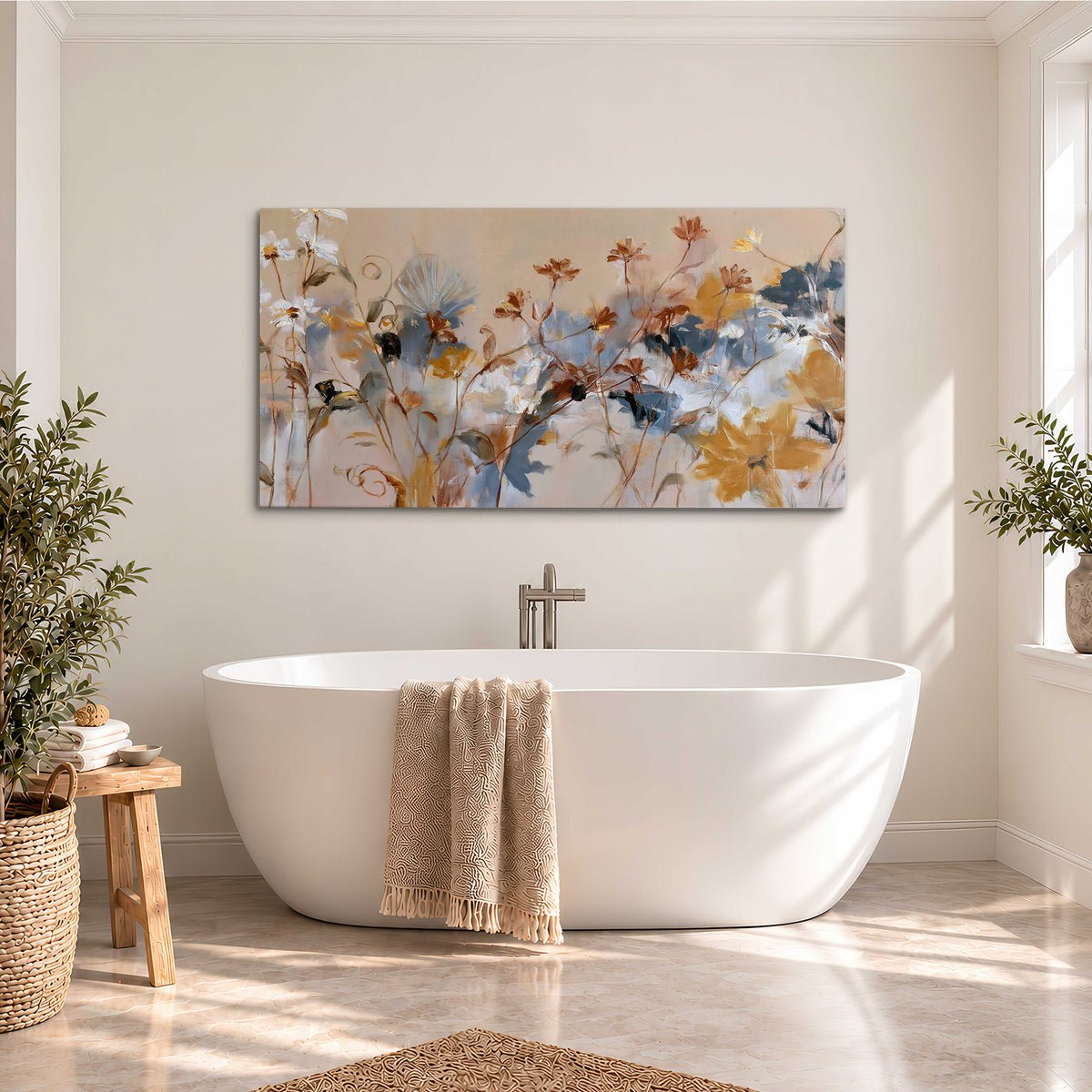 Loose blue and ochre blossoms layered across a warm neutral background single canvas wall art styled in an interior