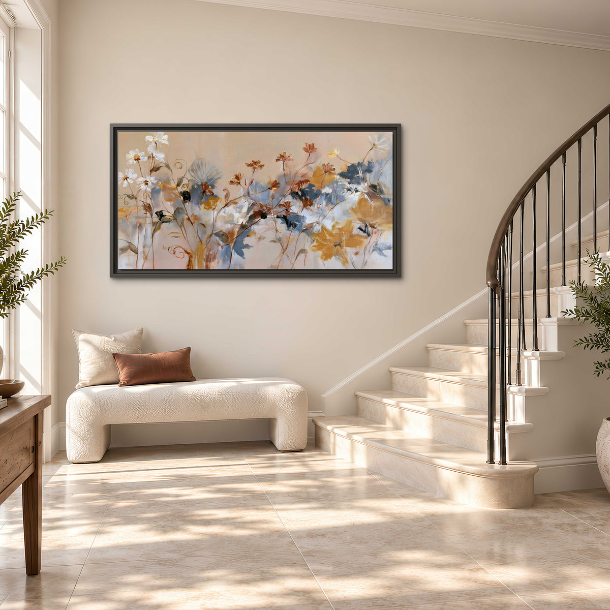 Loose blue and ochre blossoms layered across a warm neutral background single framed canvas wall art styled in an interior