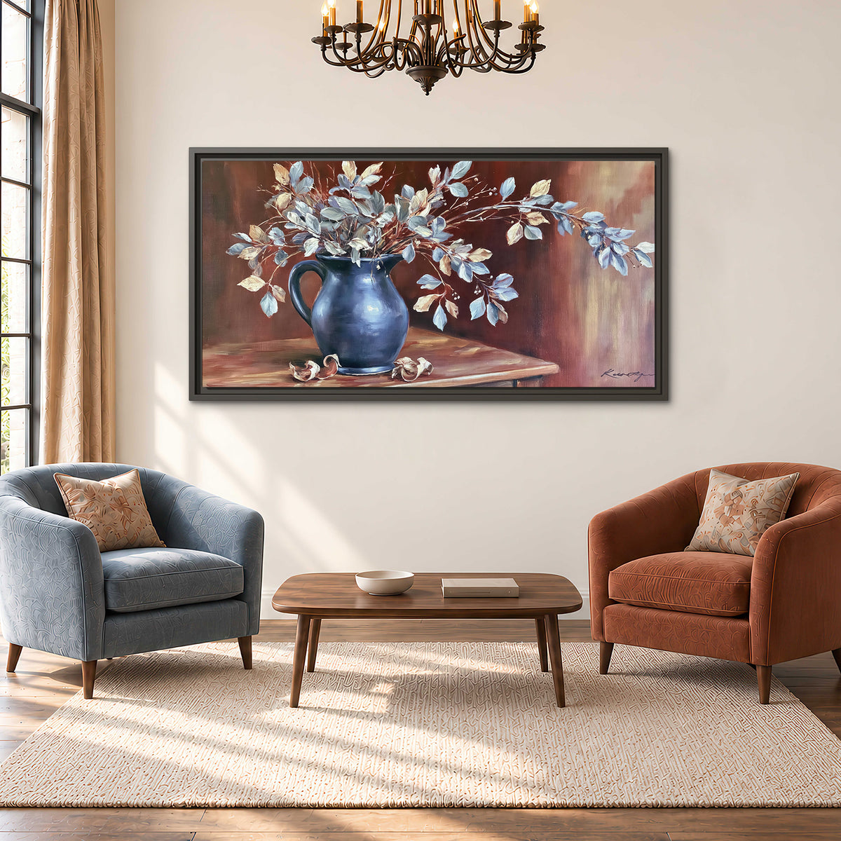 White flowering branches gathered in a deep blue pitcher against a warm rust-colored wall single framed canvas wall art styled in an interior