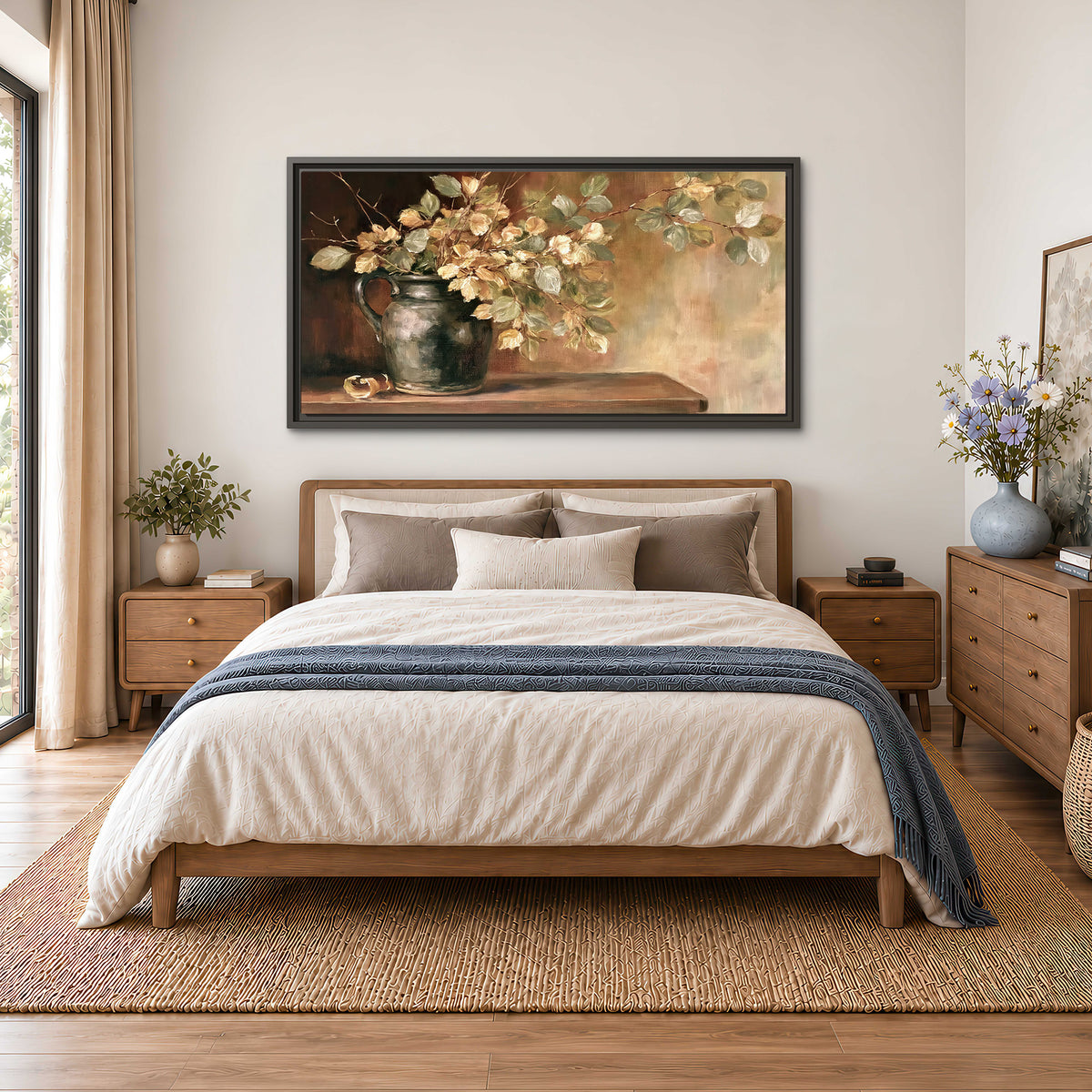 Pale golden blossoms and leaves in a dark green vase on a wooden ledge single framed canvas wall art styled in an interior