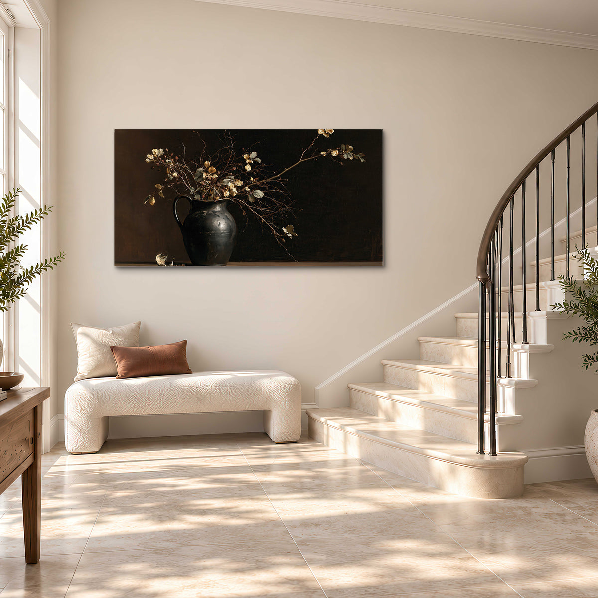 Fine flowering branches in a small dark vase on a wooden table against a deep brown background single canvas wall art styled in an interior