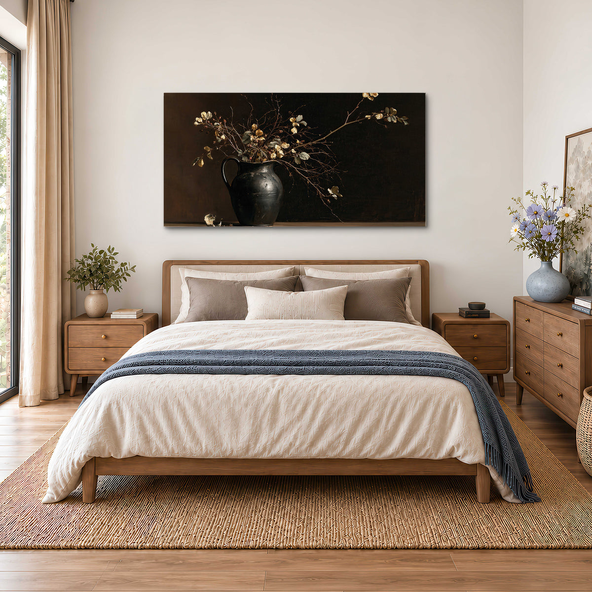 Fine flowering branches in a small dark vase on a wooden table against a deep brown background single canvas wall art styled in an interior