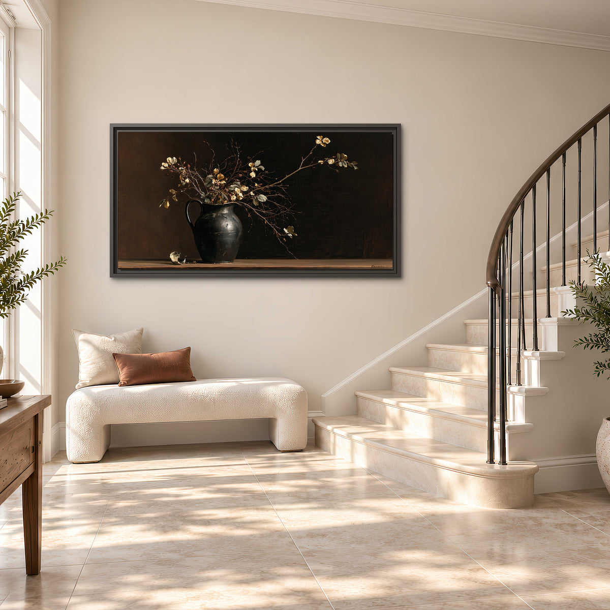 Fine flowering branches in a small dark vase on a wooden table against a deep brown background single framed canvas wall art styled in an interior