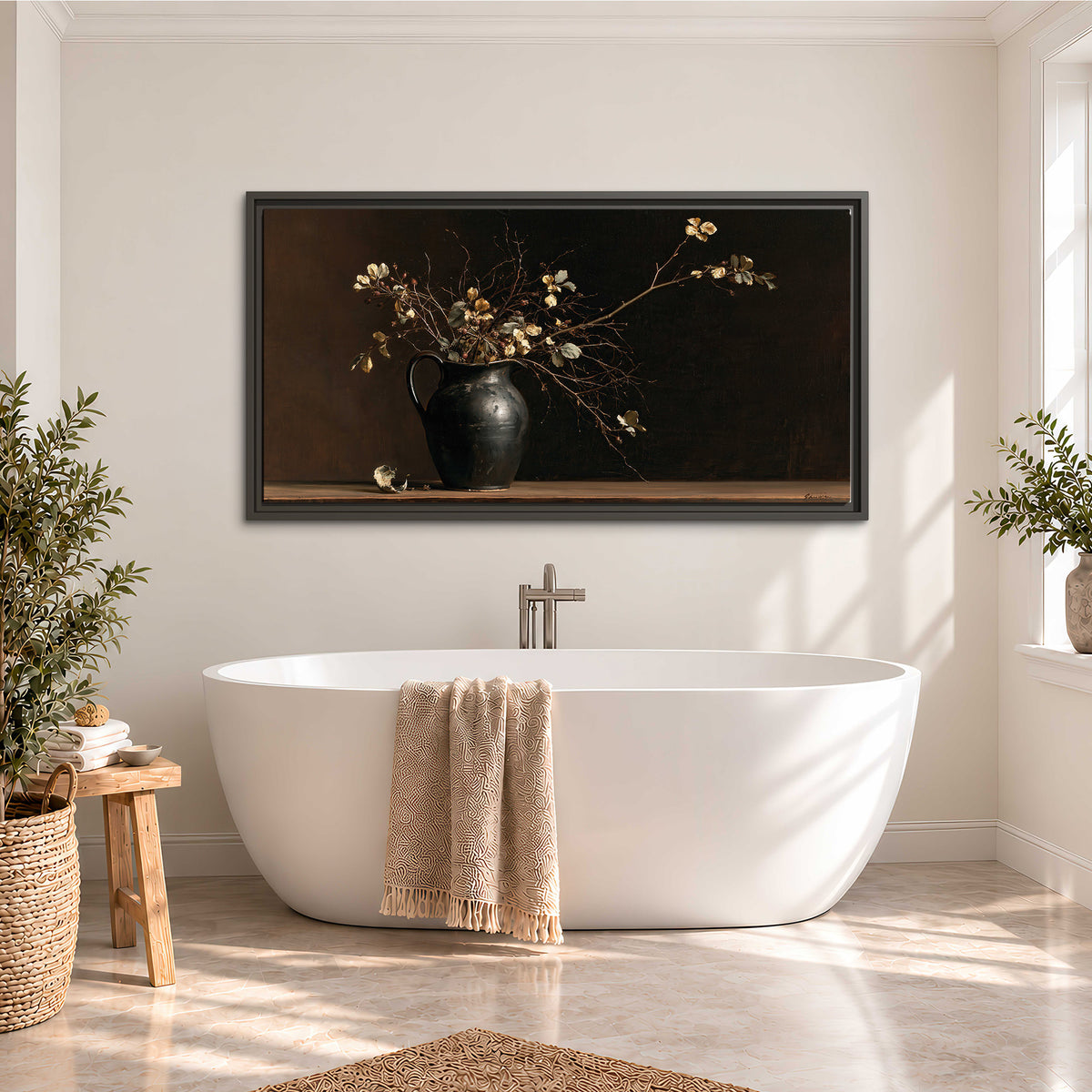 Fine flowering branches in a small dark vase on a wooden table against a deep brown background single framed canvas wall art styled in an interior